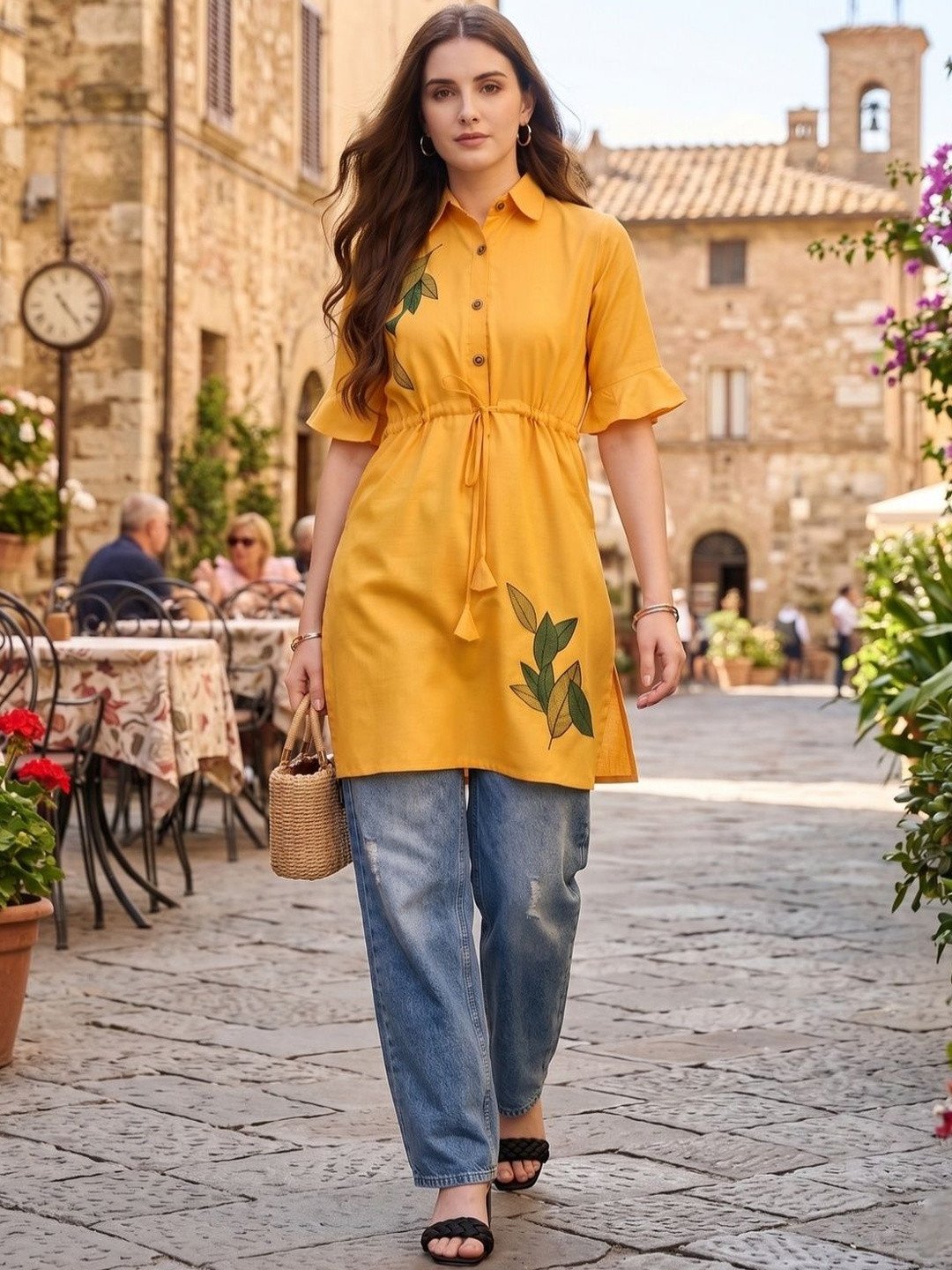 LARISHA Botanical Printed Shirt Collar Flared Sleeves Kurti