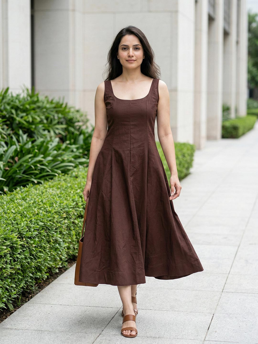 House of Abeena Brown Solid Square Neck Sleeveless Fit & Flare Midi Dress
