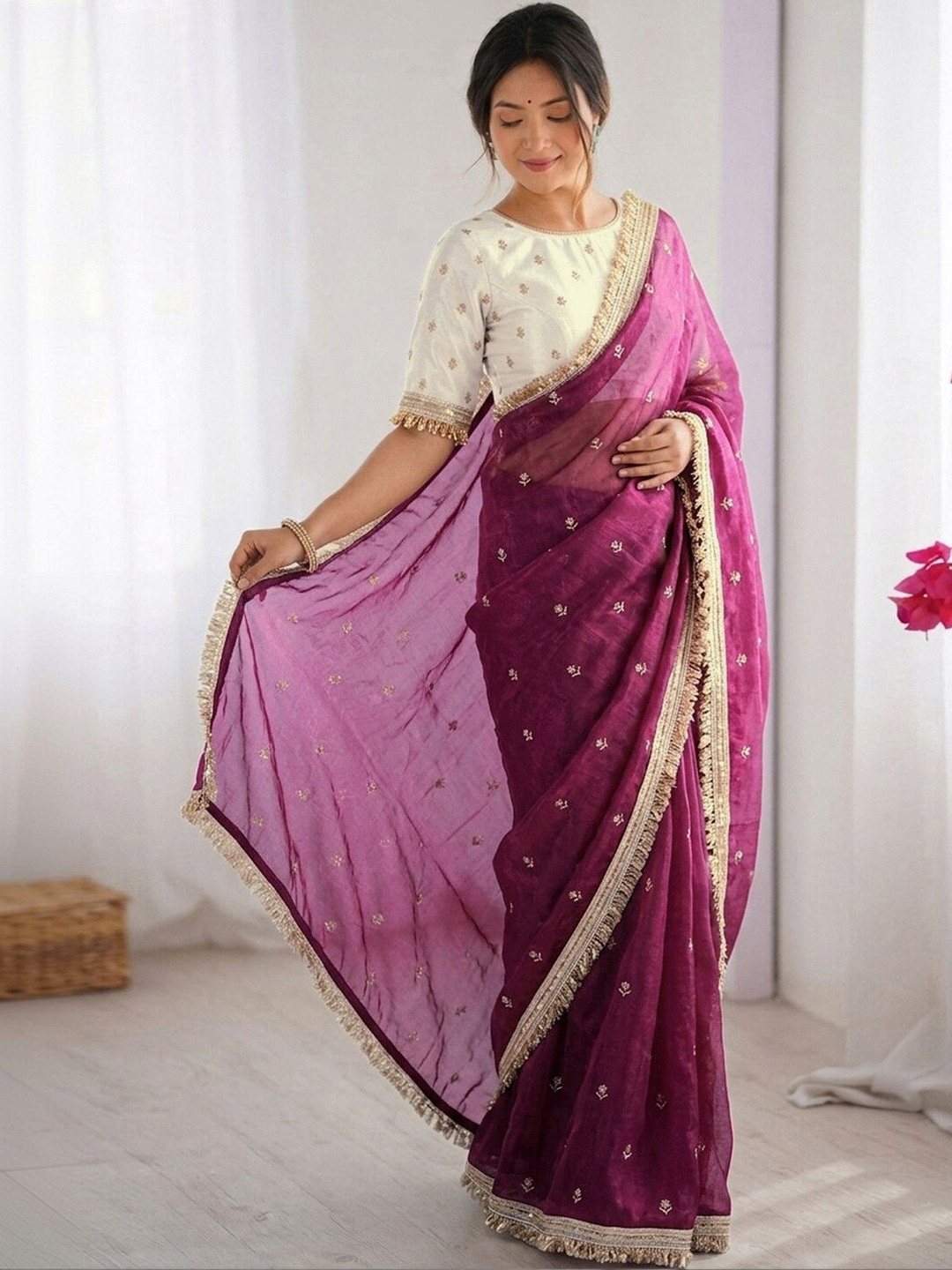 Satrani Embellished Embroidered Tissue Saree With Designer Blouse