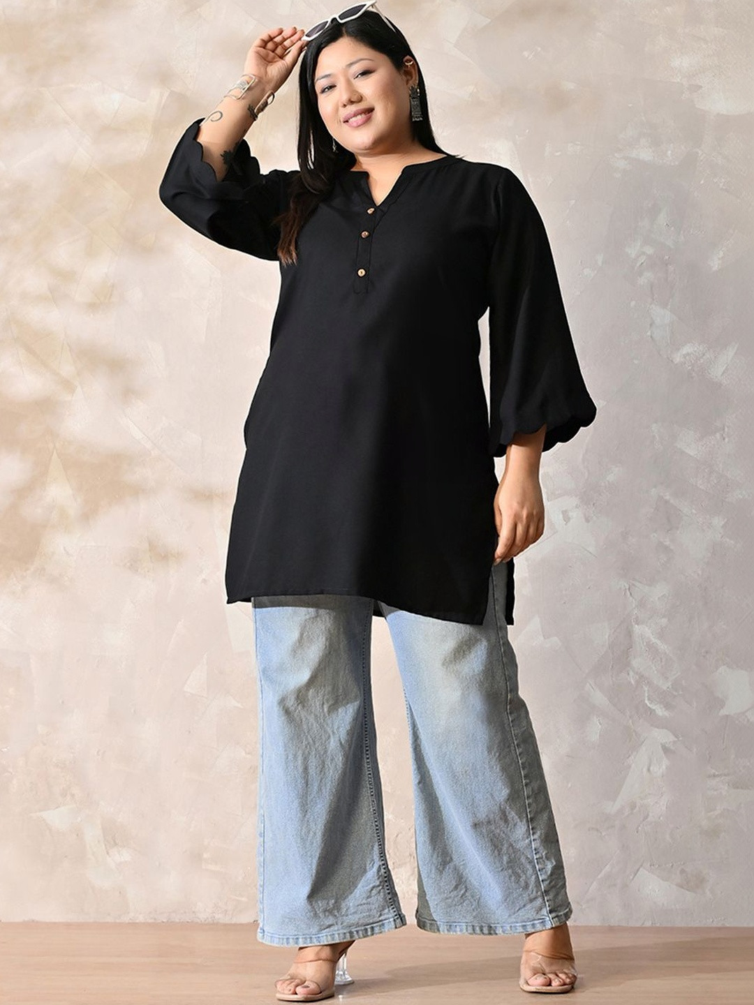 PrettyPlus by Desinoor.com Black V-Neck Flared Sleeves Rayon Kurti
