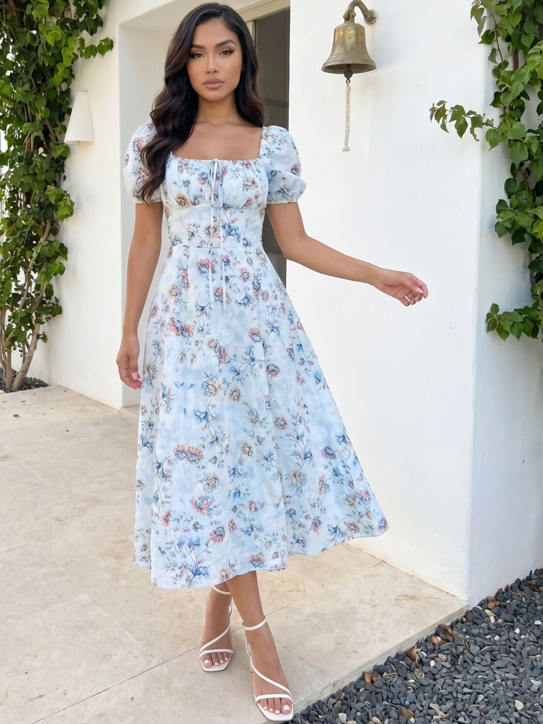 Zucchini Floral Print Puff Sleeve Fit & Flare Midi Dress
