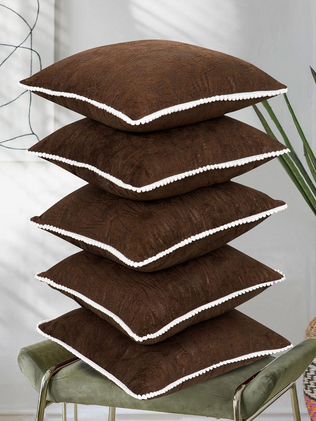 RD TREND Coffee Set of 5 Square Velvet Cushion Covers With Pom Pom 18x18 inch