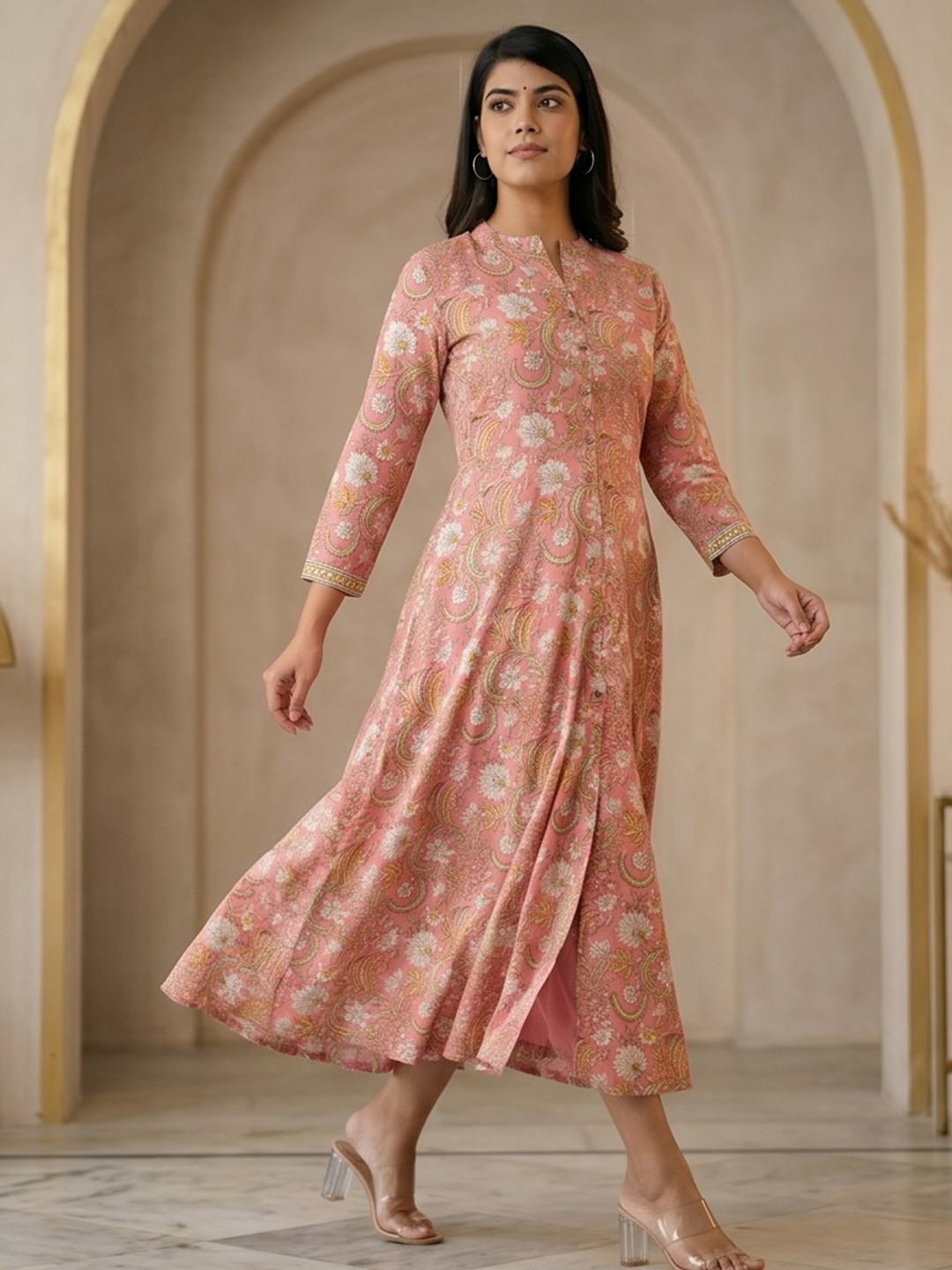 Indiwest Women Pink Floral Printed A-Line Flared Cotton Kurta