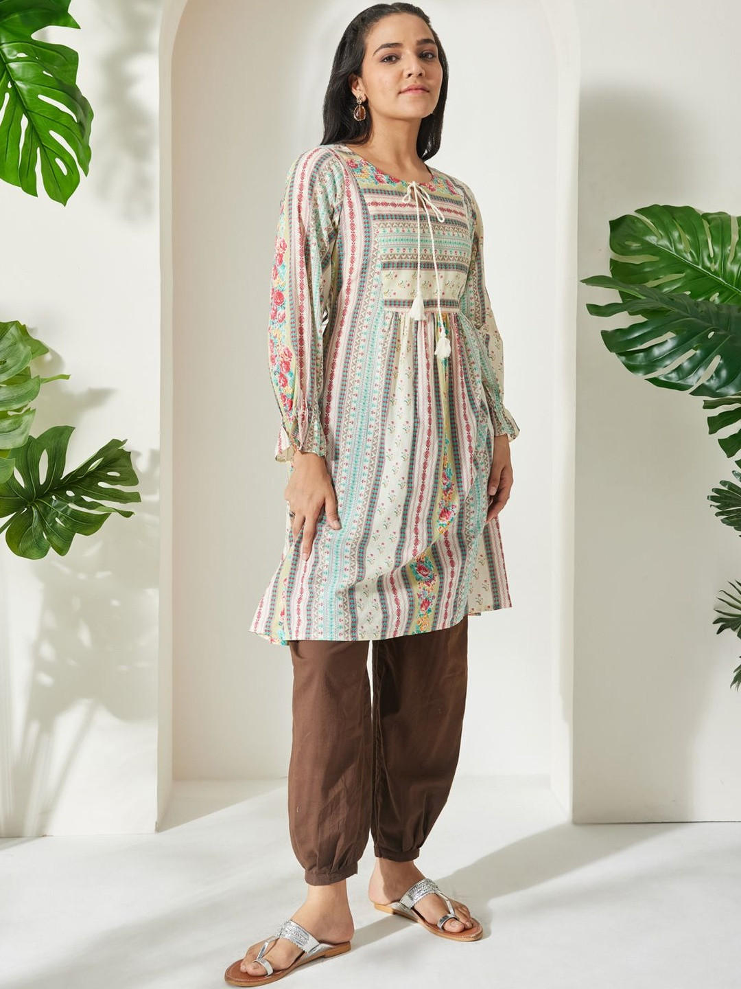 Janasya Women Cream Pure Cotton Floral Printed A-Line Tunic