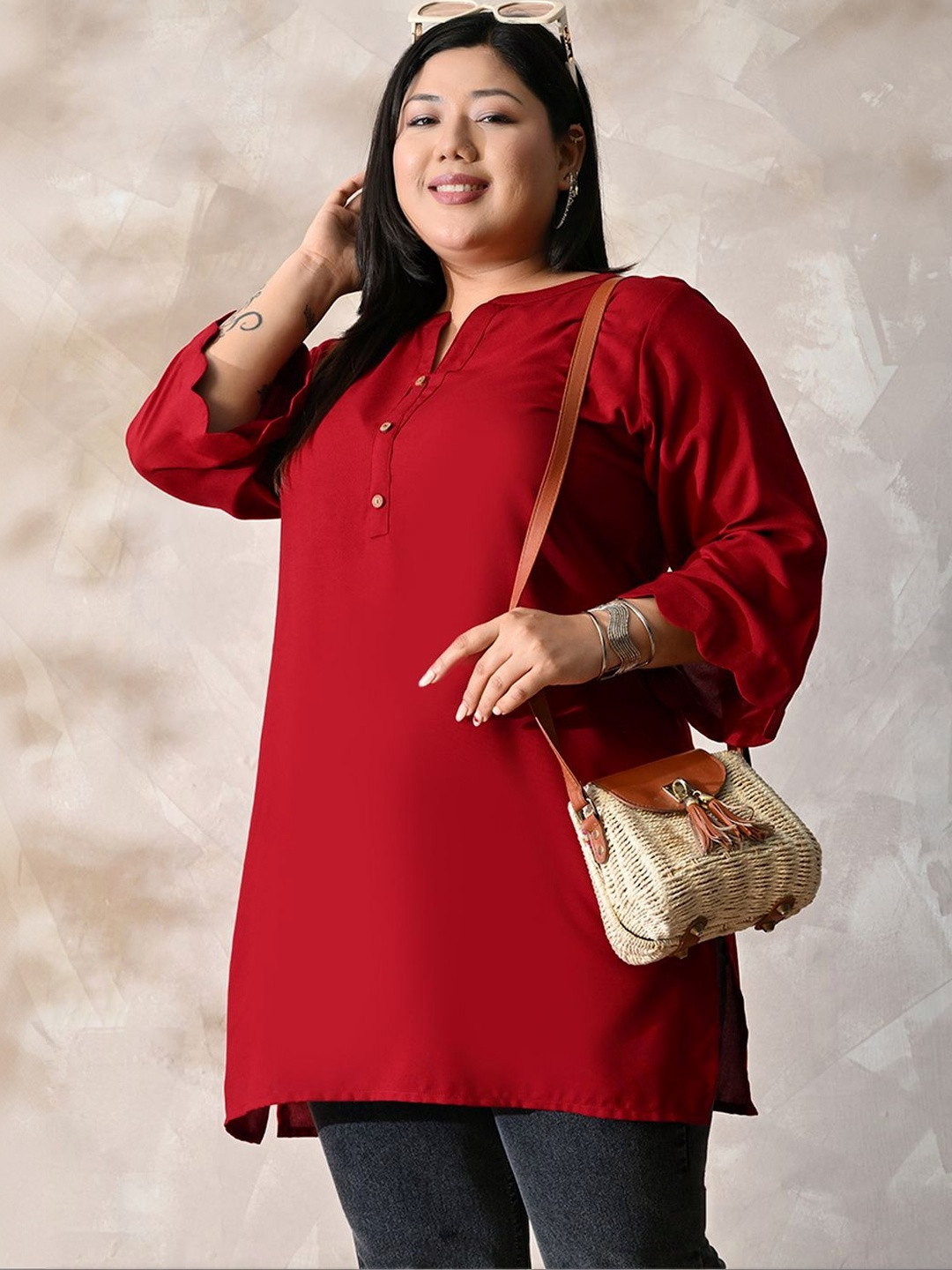 PrettyPlus by Desinoor.com Maroon V-Neck Flared Sleeves Rayon Kurti