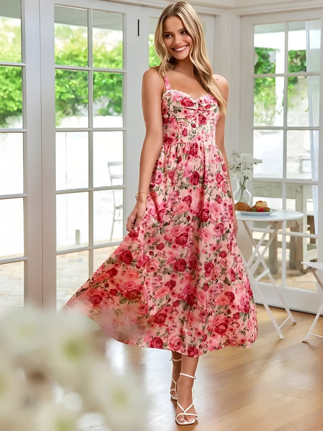ALLORIA Floral Print Fit & Flare Midi Dress