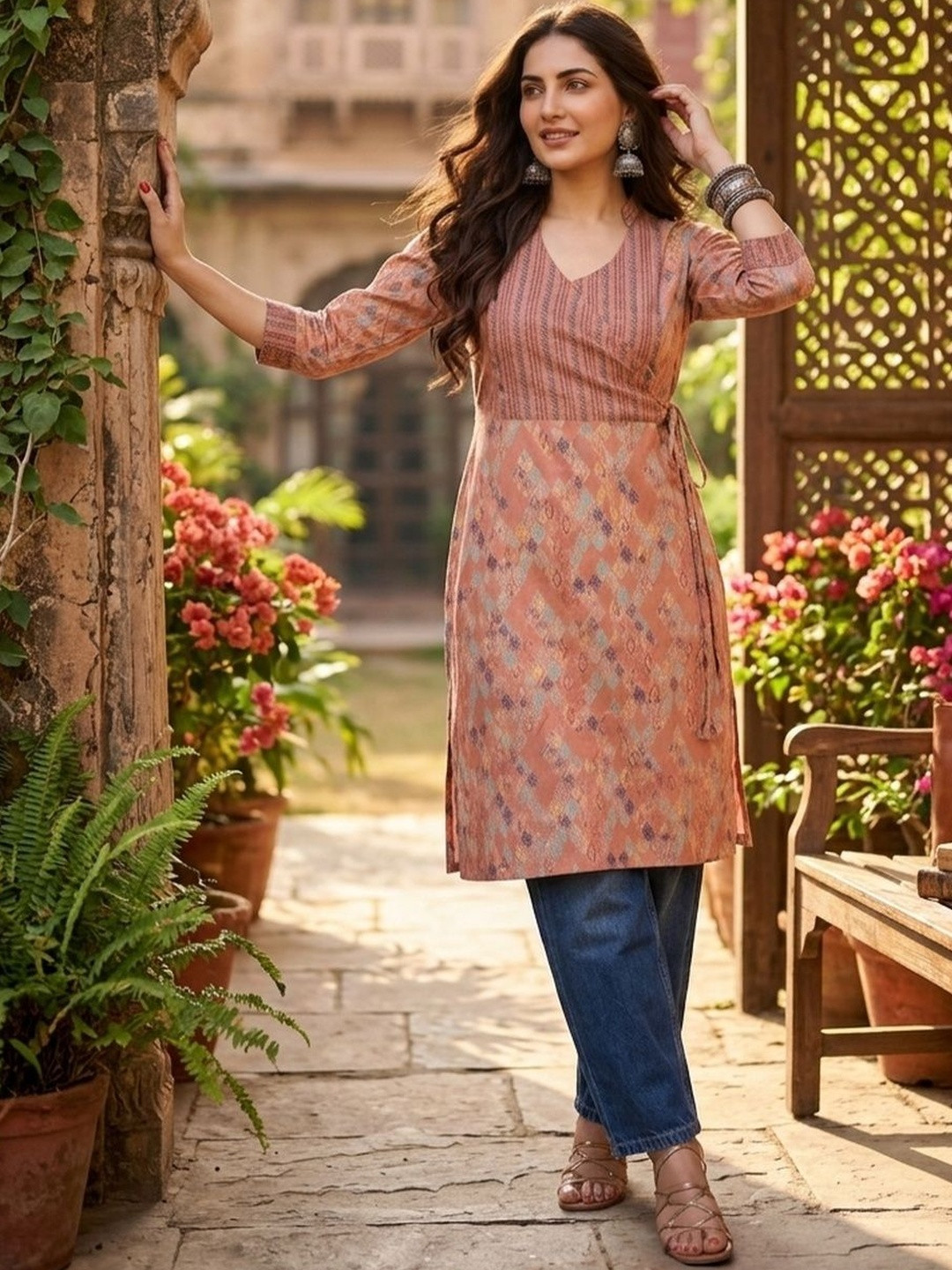 LARISHA Geometric Printed V-Neck Angrakha Kurti
