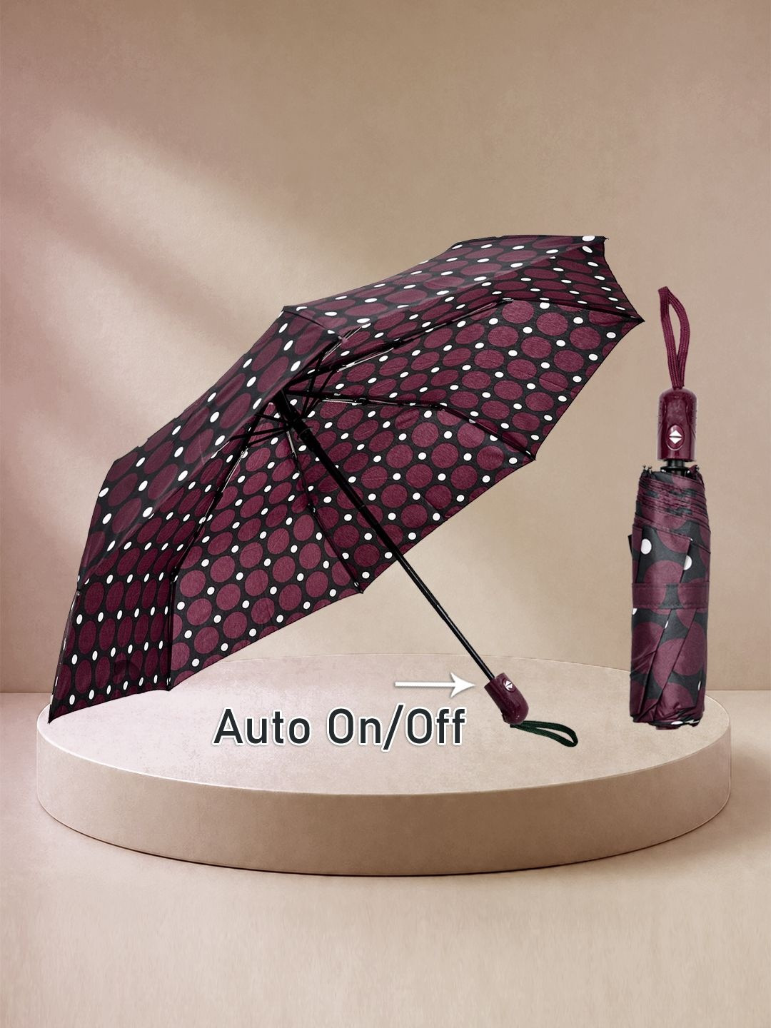FABINALIV Maroon Polka Dot Auto ON/OFF Waterproof  Compact 3 Fold Printed Umbrella