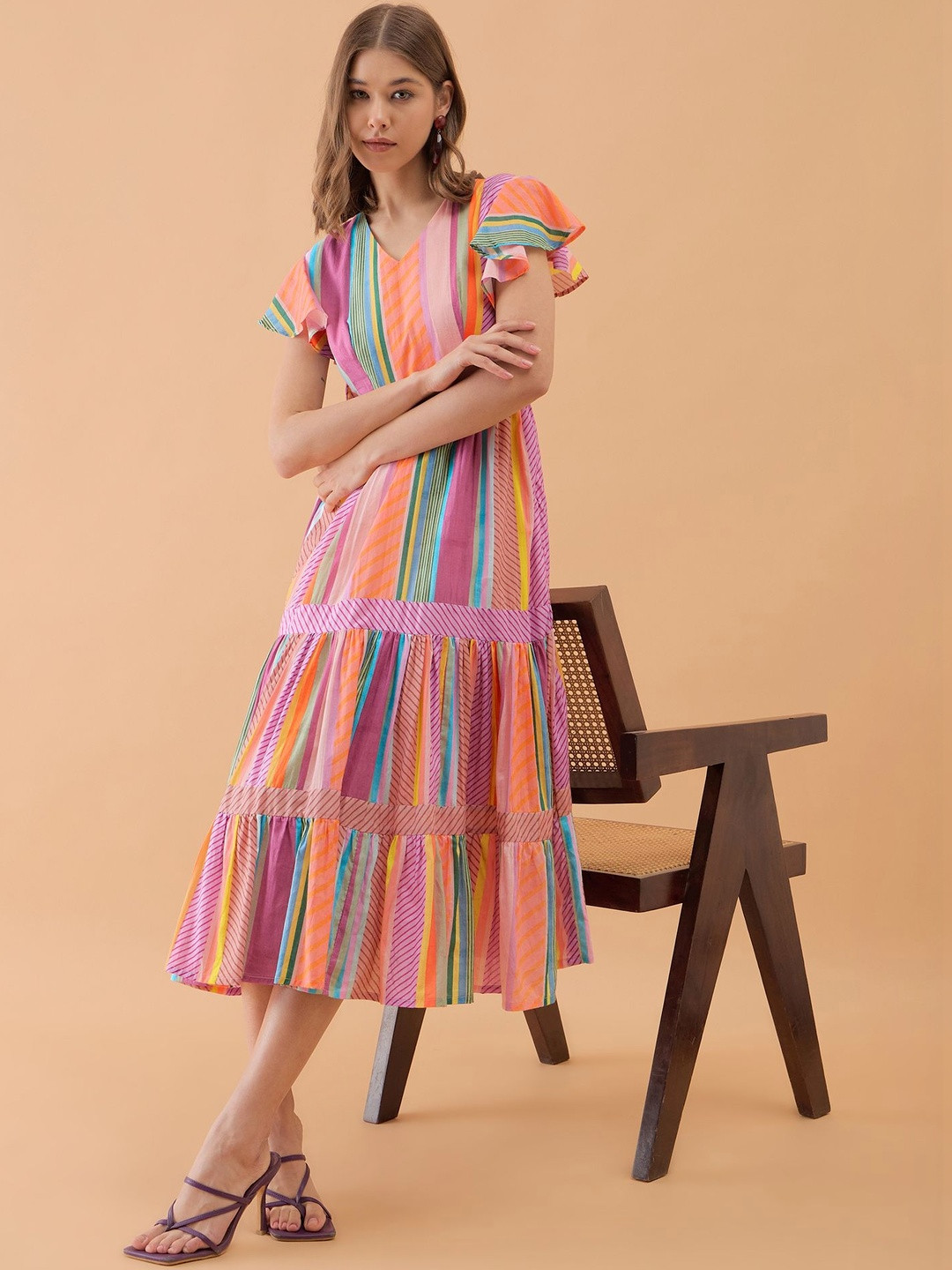 OCTICS Striped Flutter Sleeve Ruffled Fit & Flare Midi Dress
