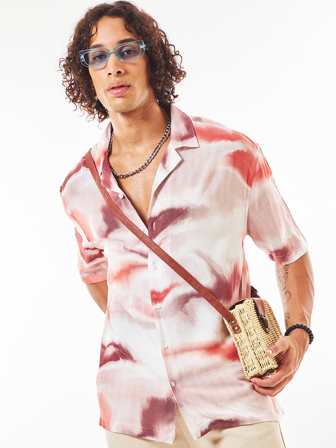 Bewakoof Men's White & Red All Over Printed Oversized Shirt