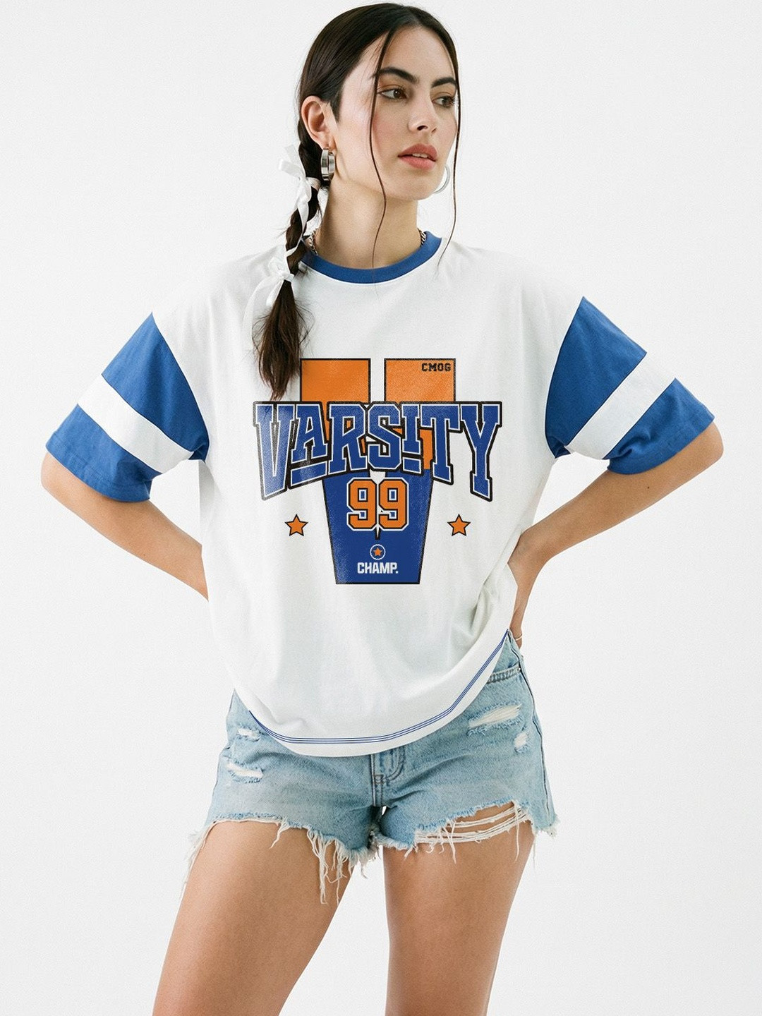 Crazymonk Women Champ Blue Printed Extended Sleeves Oversized Fit T-shirt