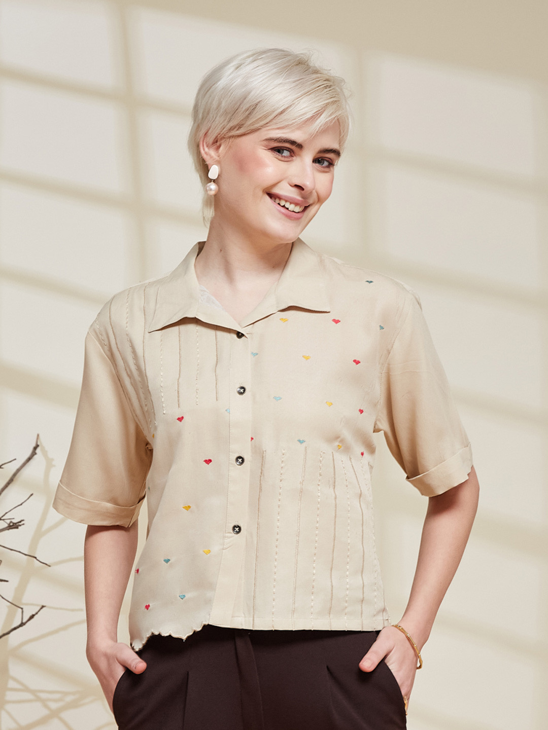 J Turritopsis Women Crepe Embroidered Boxy Casual Shirt with Contrast stitching