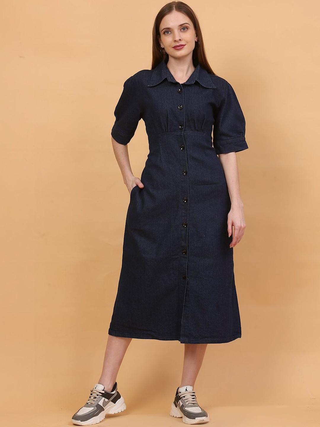 SOFTEN Puff Sleeve A-Line Midi Dress