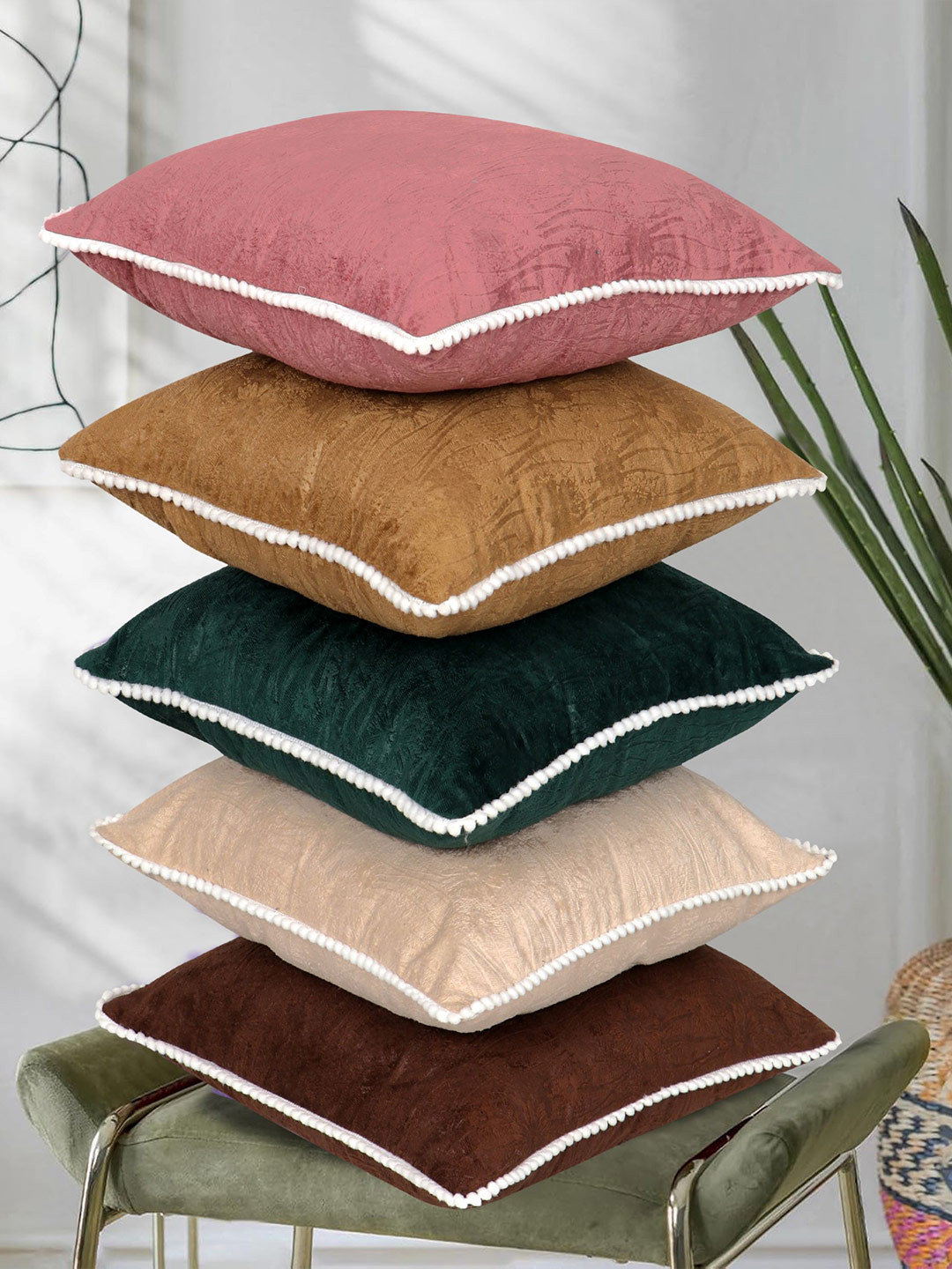 RD TREND Mix-Colors Set of 5 Square Velvet Cushion Covers With Pom Pom 16x16 inch