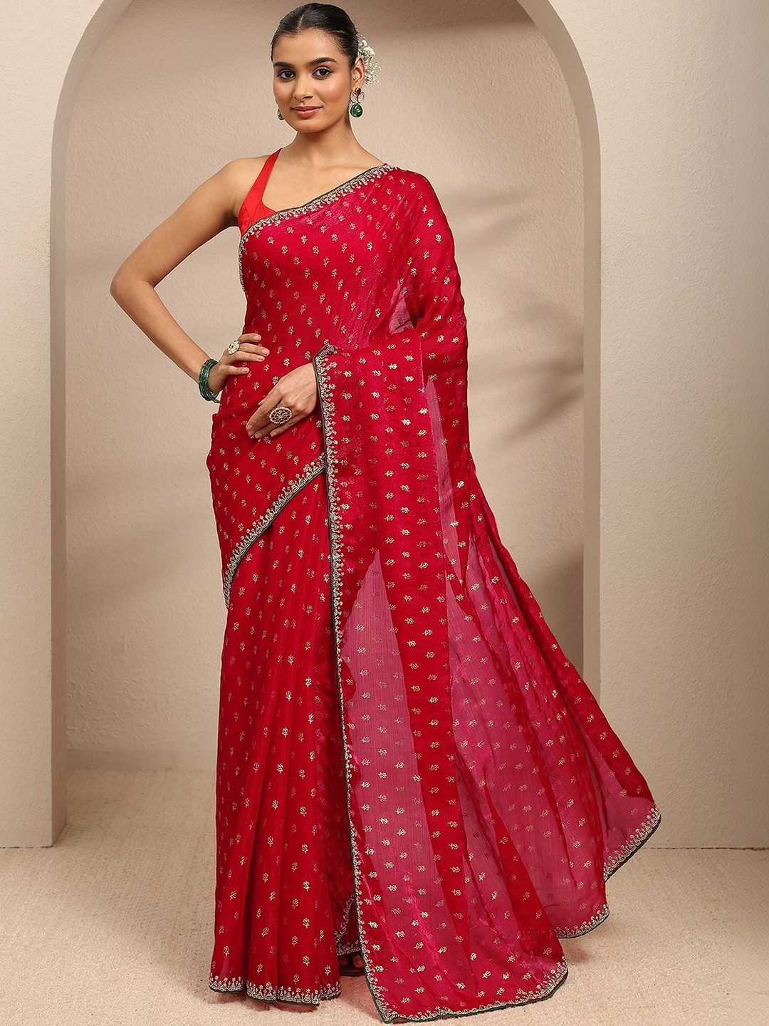 Libas Red Floral Printed Saree With Unstitched Blouse Piece