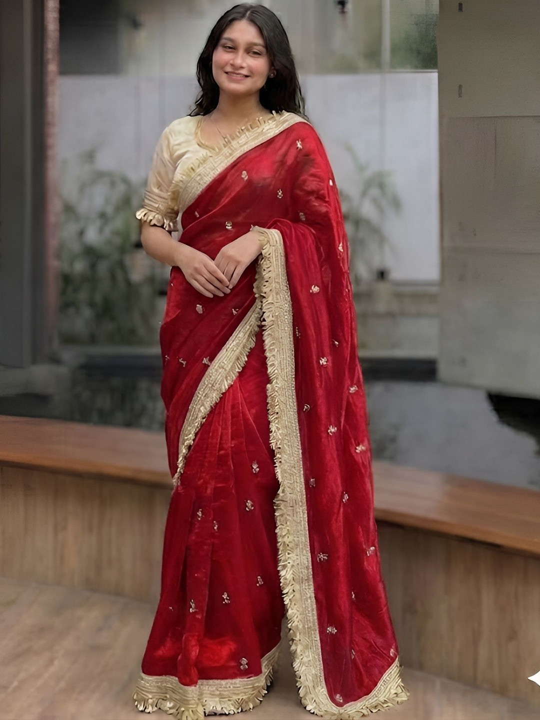 VRAGI Embellished Zari Satin Heavy Work Saree