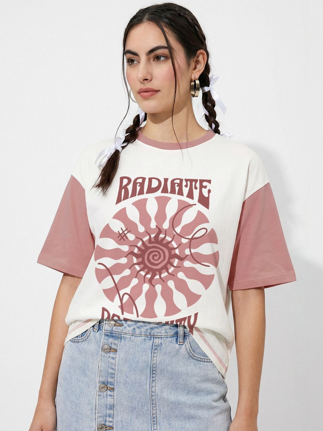 Crazymonk Women Floral Printed Drop-Shoulder Sleeves Cut Outs T-shirt