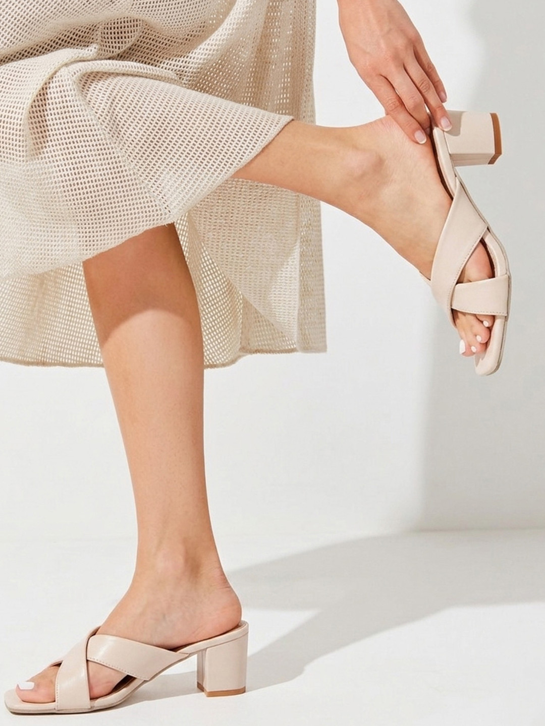 Ravis Women Cream Cross Strap Block Heels