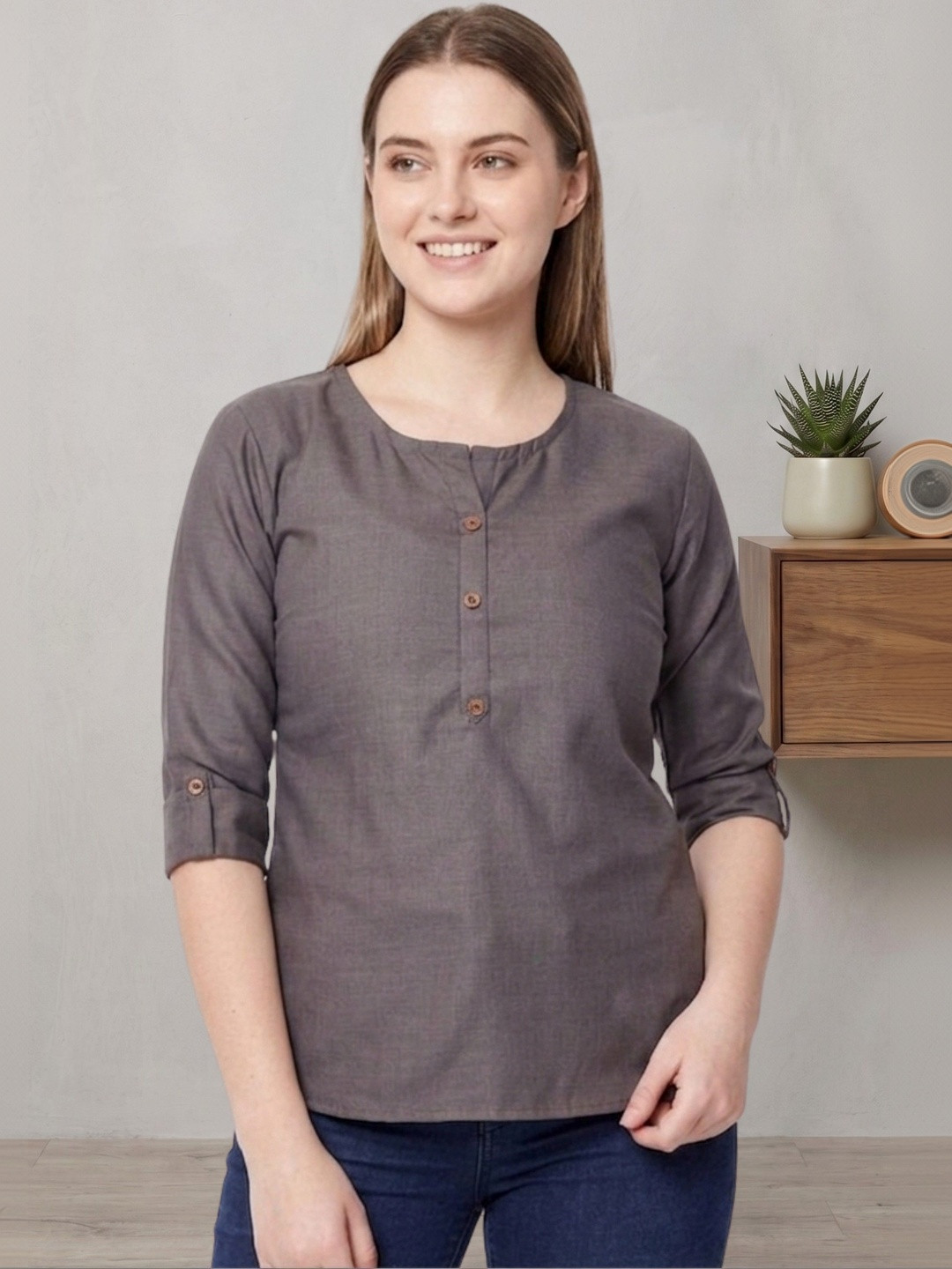 myplusfashion Roll-Up Sleeves Top