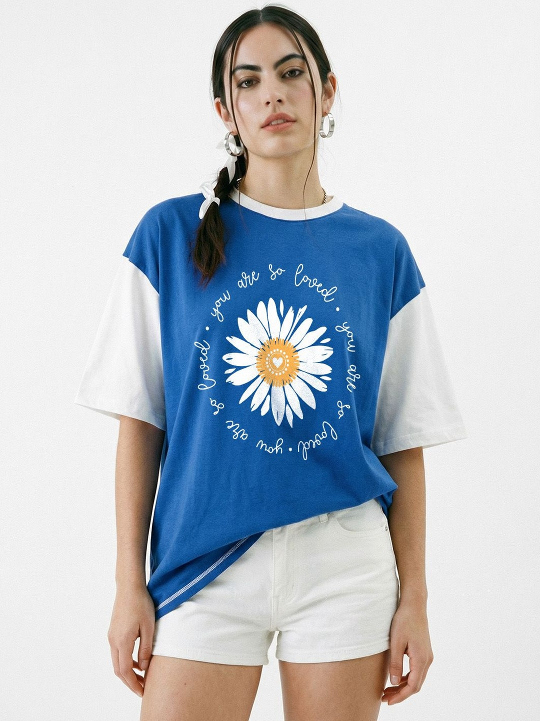 Crazymonk Women Floral You Are Loved Royal Printed Oversized Fit T-shirt