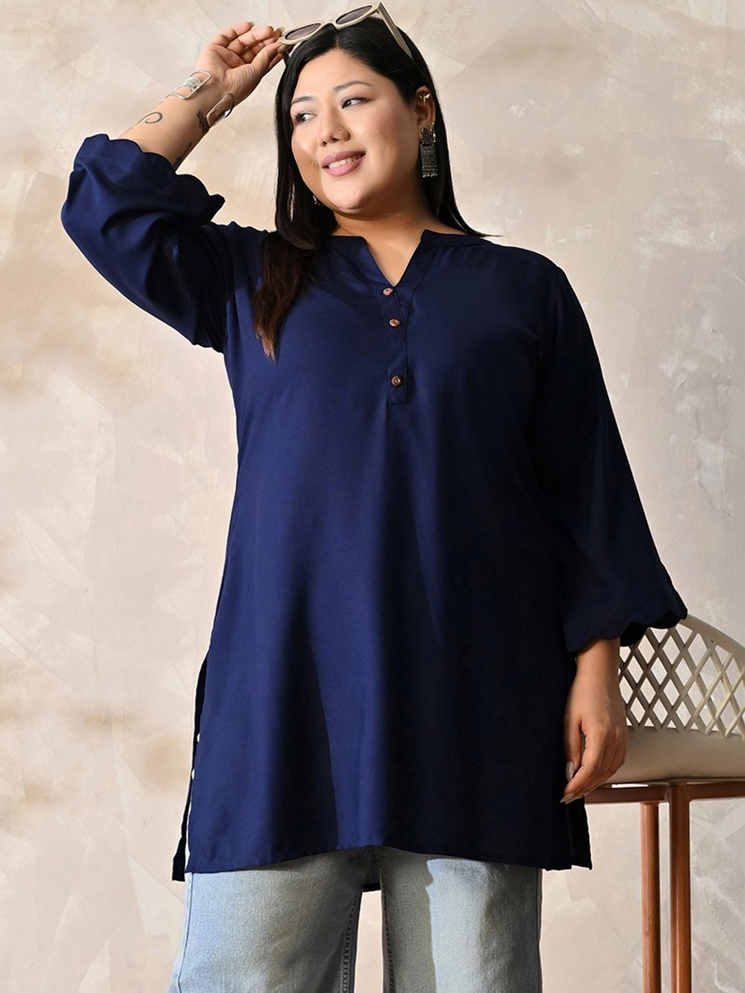 PrettyPlus by Desinoor.com Navy Blue V-Neck Flared Sleeves Rayon Kurti