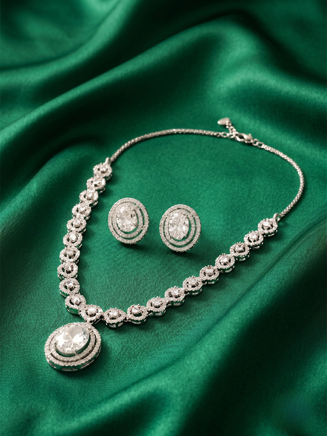 Adwitiya Collection Rhodium-Plated AD Stone-Studded Necklace & Earrings