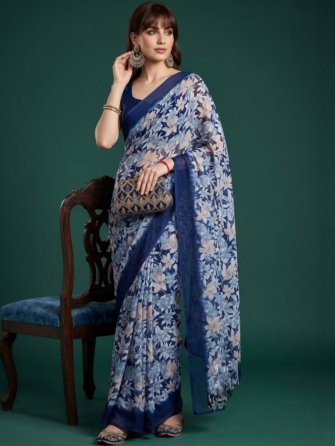 JAINICA Floral Poly Georgette Saree