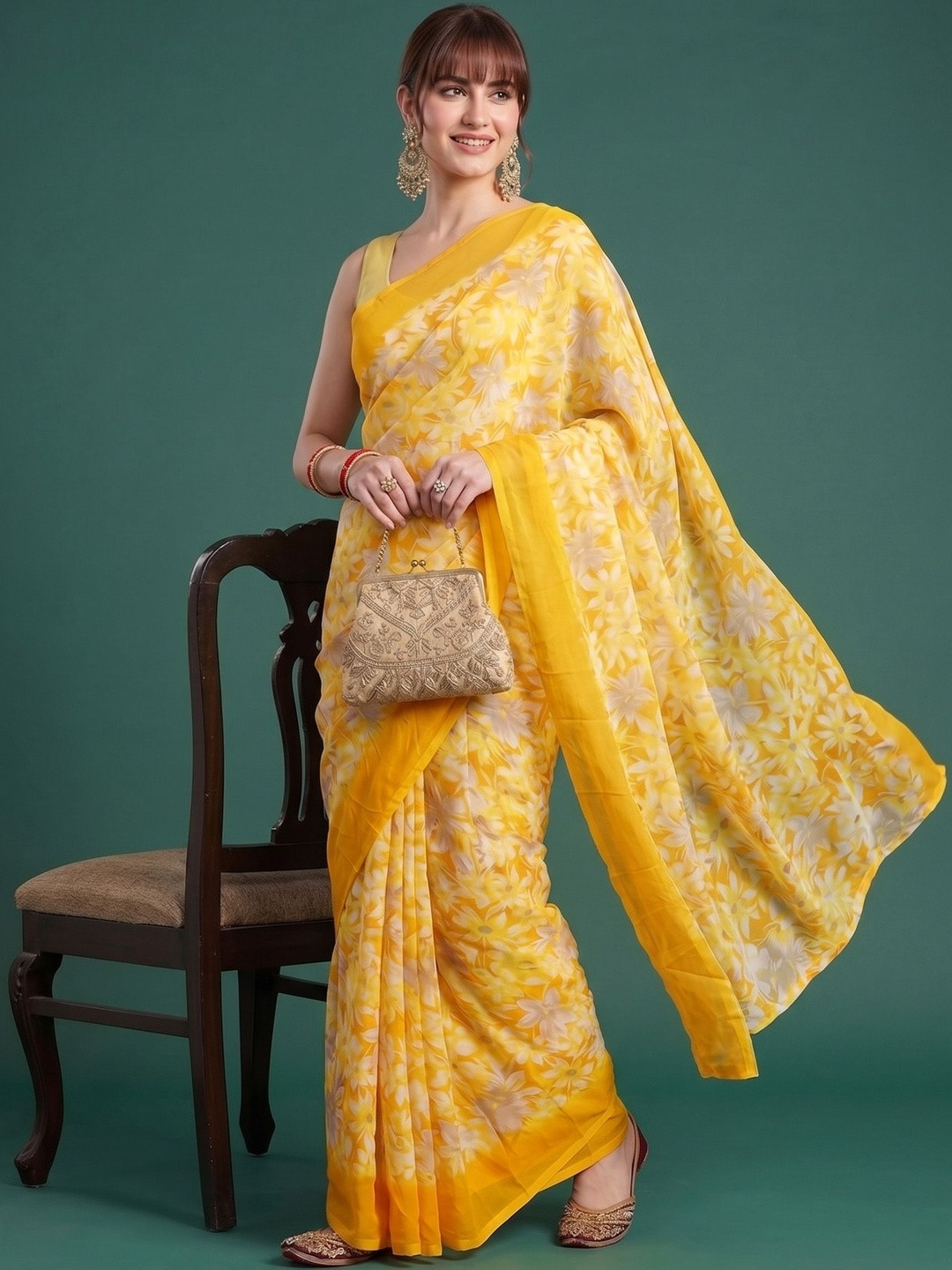 JAINICA Floral Poly Georgette Saree