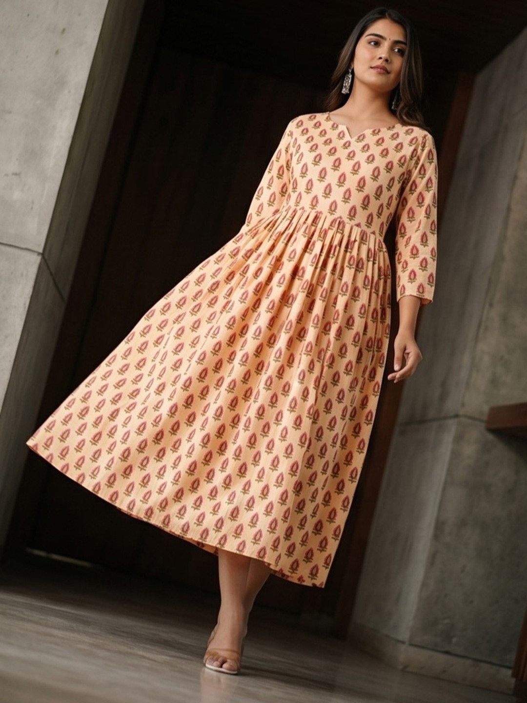 Indiwest Floral Printed Flared A-Line Rayon Kurta