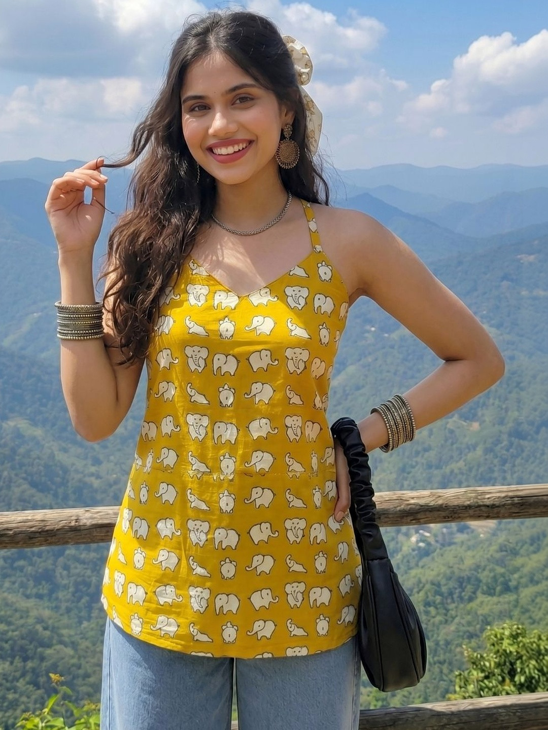 Quintessentials Women Yellow Cotton Printed Halter Neck Sleeveless Short Kurti