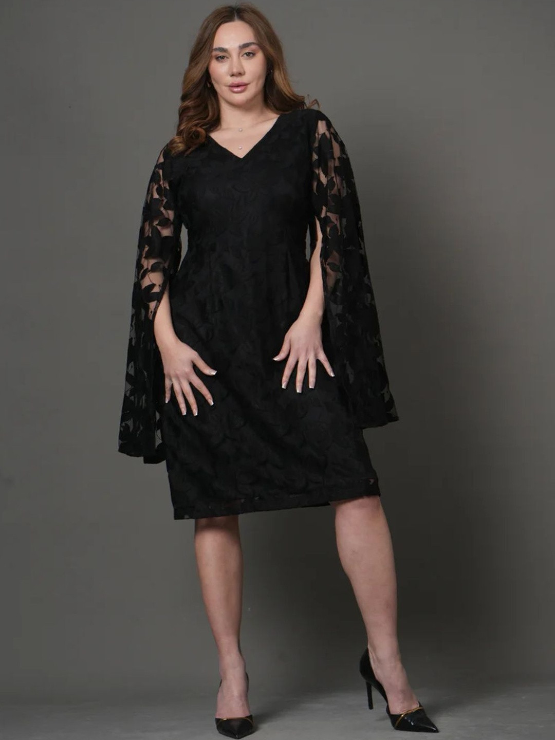STYLLEY Flared Sleeve Ruffled Net Sheath Plus Size Dress