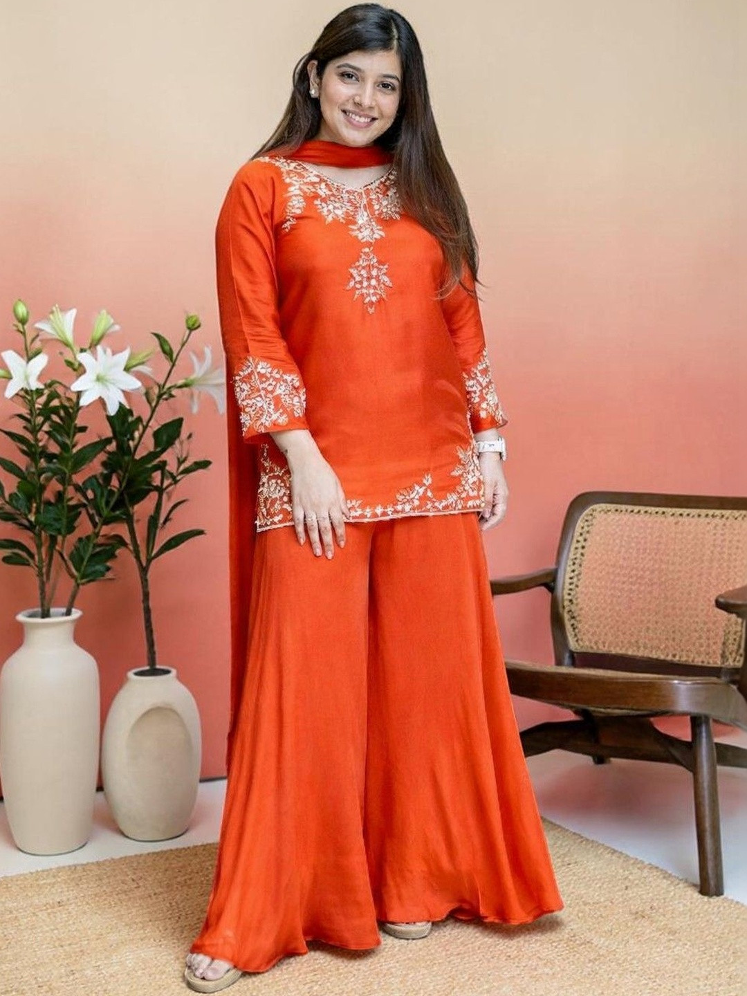 Sangria Embroidered V-Neck Kurta & Sharara With Dupatta