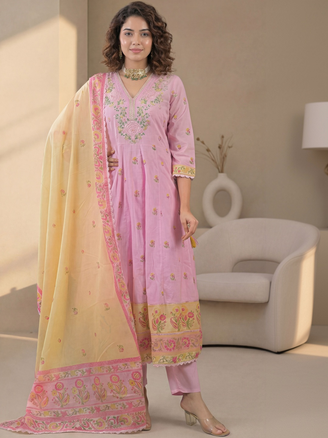 House of Pataudi Embroidered Pure Cotton V-Neck Kurta & Trousers With Dupatta