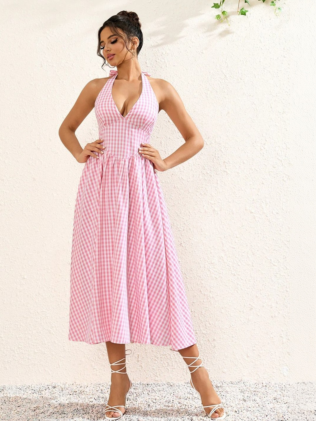 ALLORIA Checked Halter Neck Fit & Flare Midi Dress