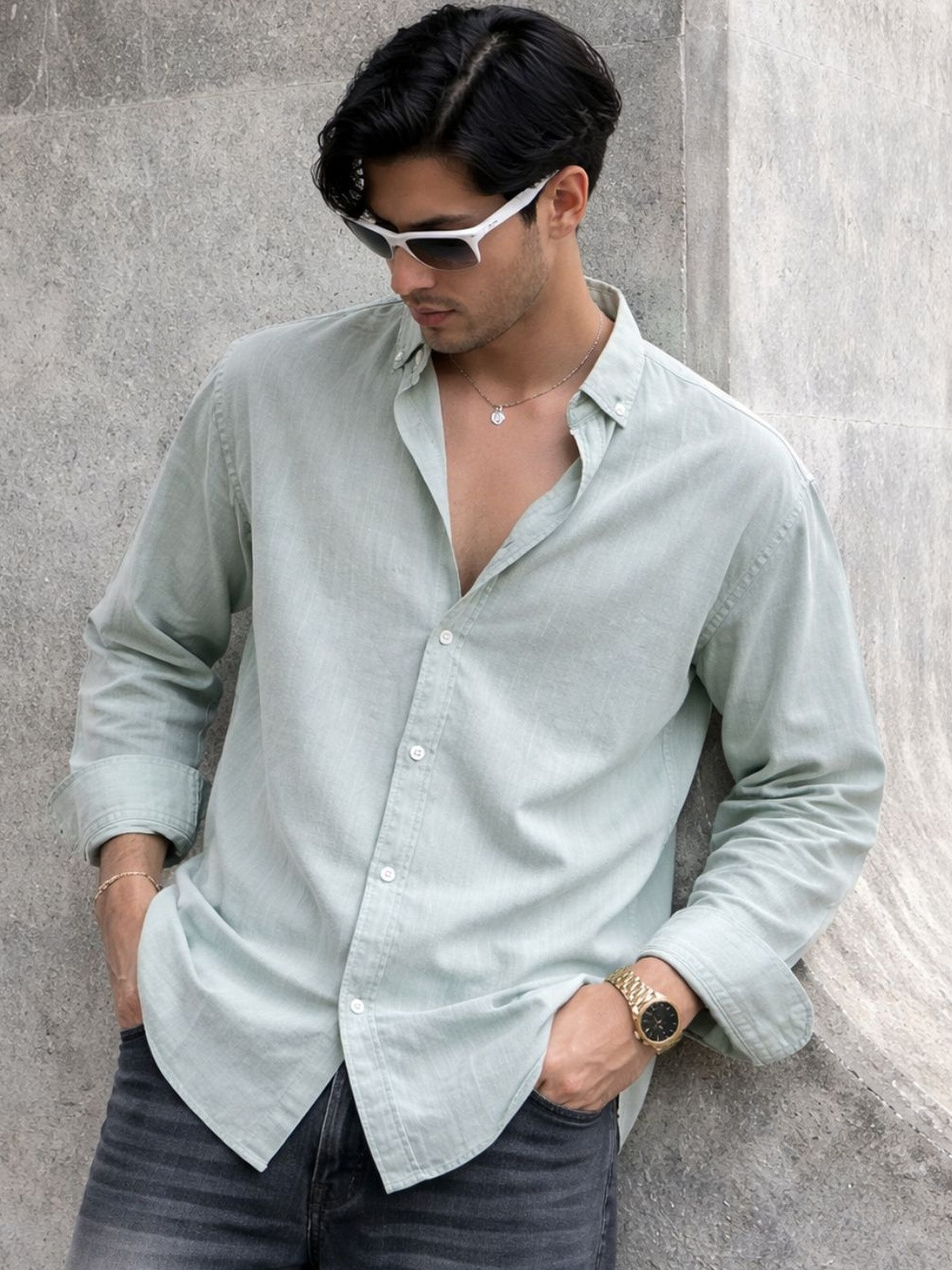 Rigo Men Powder Blue Solid Cotton Button-Down Collar Full Sleeve Shirt