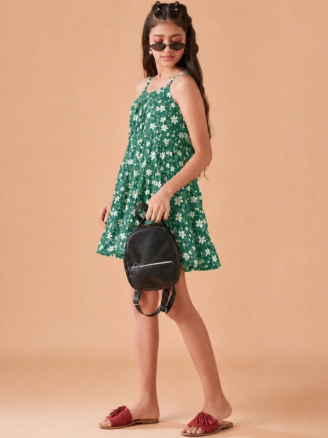 Cherry & Jerry Girls Floral Printed Shoulder Straps Crepe A-Line Dress