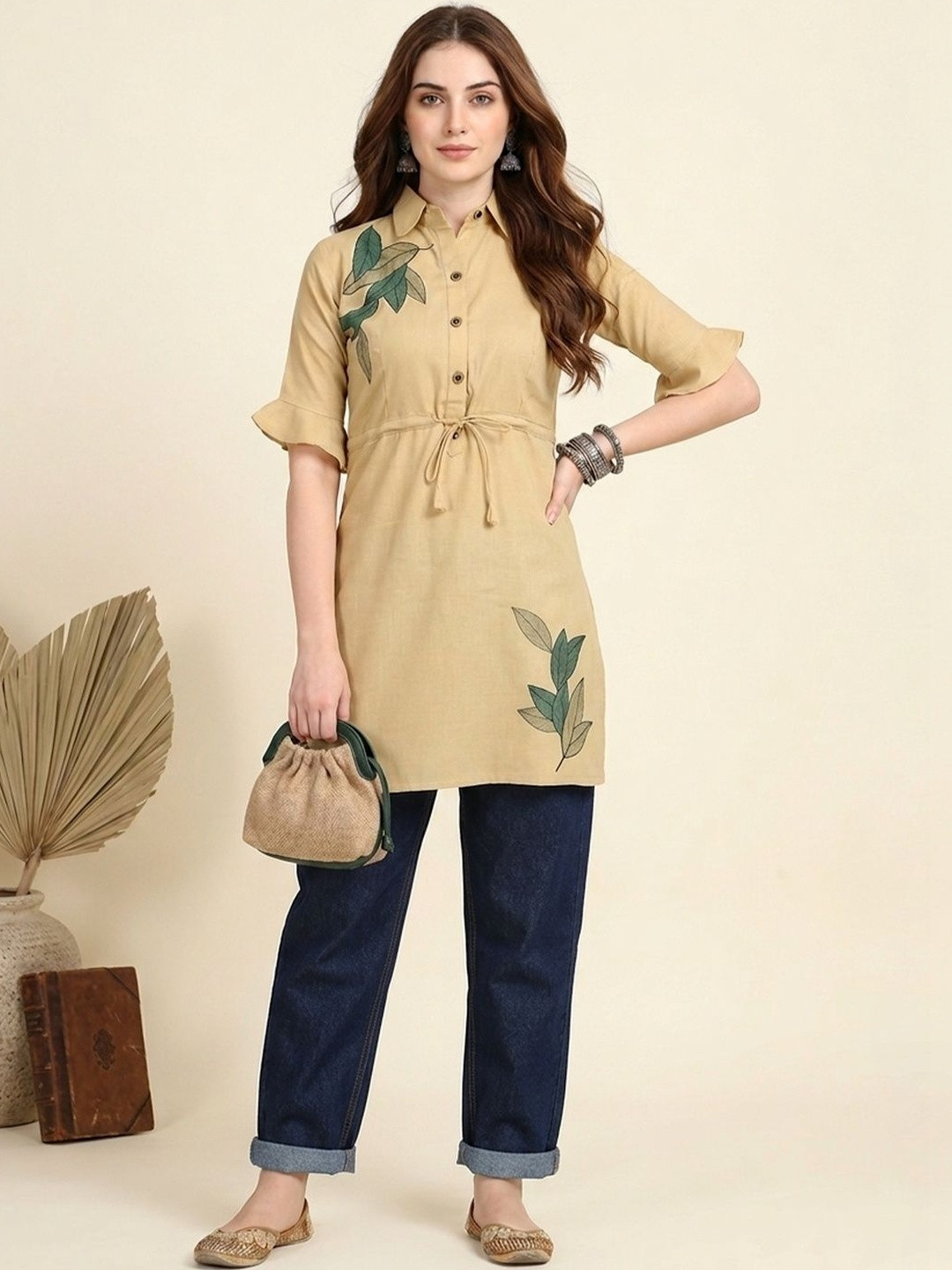 LARISHA Botanical Printed Shirt Collar Kurti