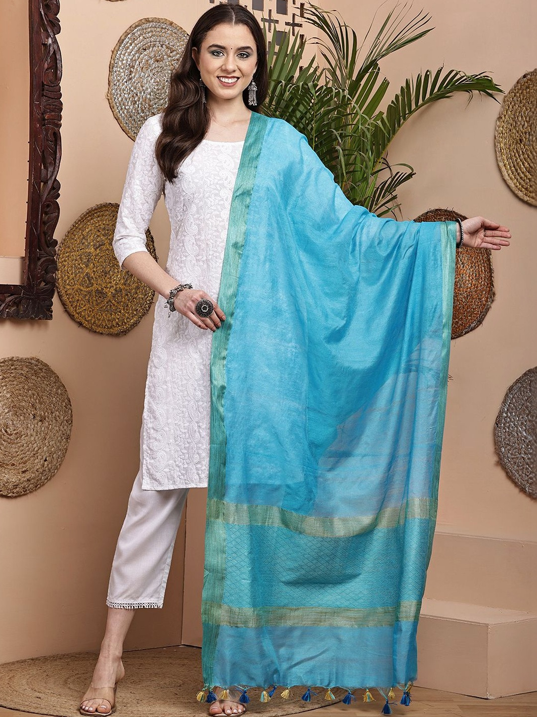 Bunkraft Ethnic Motifs Embroidered Cotton Silk Dupatta with Thread Work