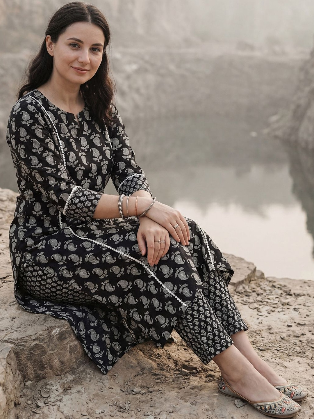 Indo Era Black Printed A-Line Kurta Trousers Set Co-ords