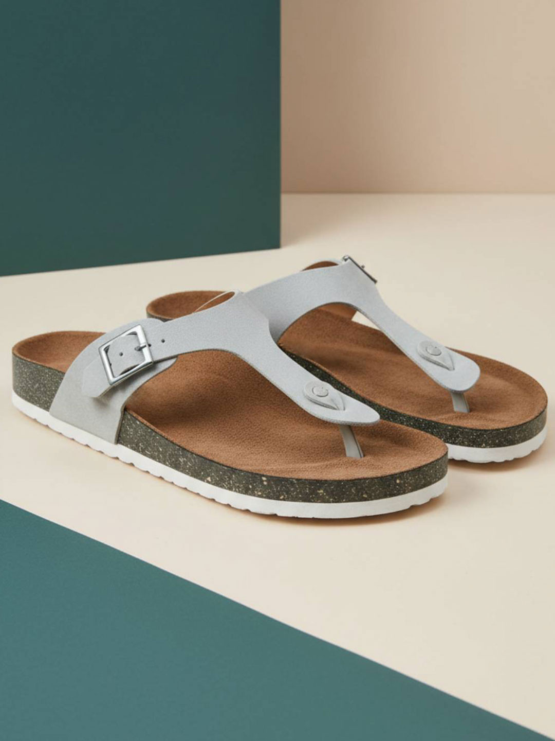 LYDC Women Grey PU Open Toe Flat Sandals with Buckle Detail