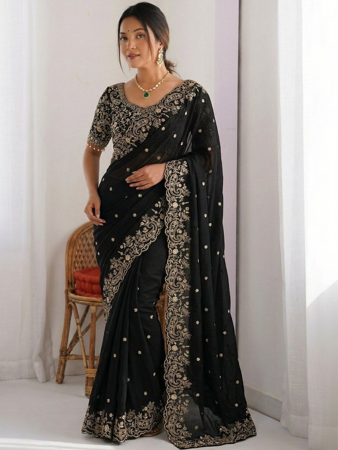 Kalista Ethnic Motifs Embroidered Satin Saree