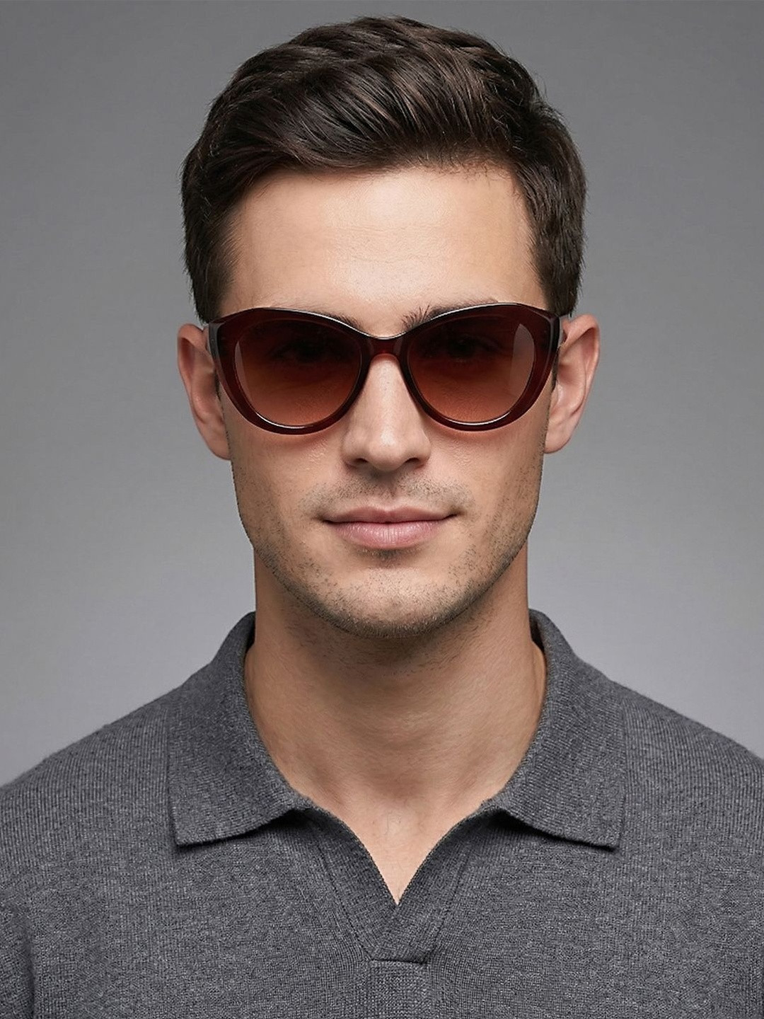 David Martin Men Brown Lens & Brown Cateye Sunglasses with