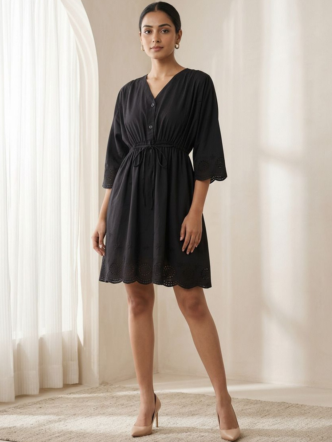 Hive91 Embroidered Flared Sleeve A-Line Dress
