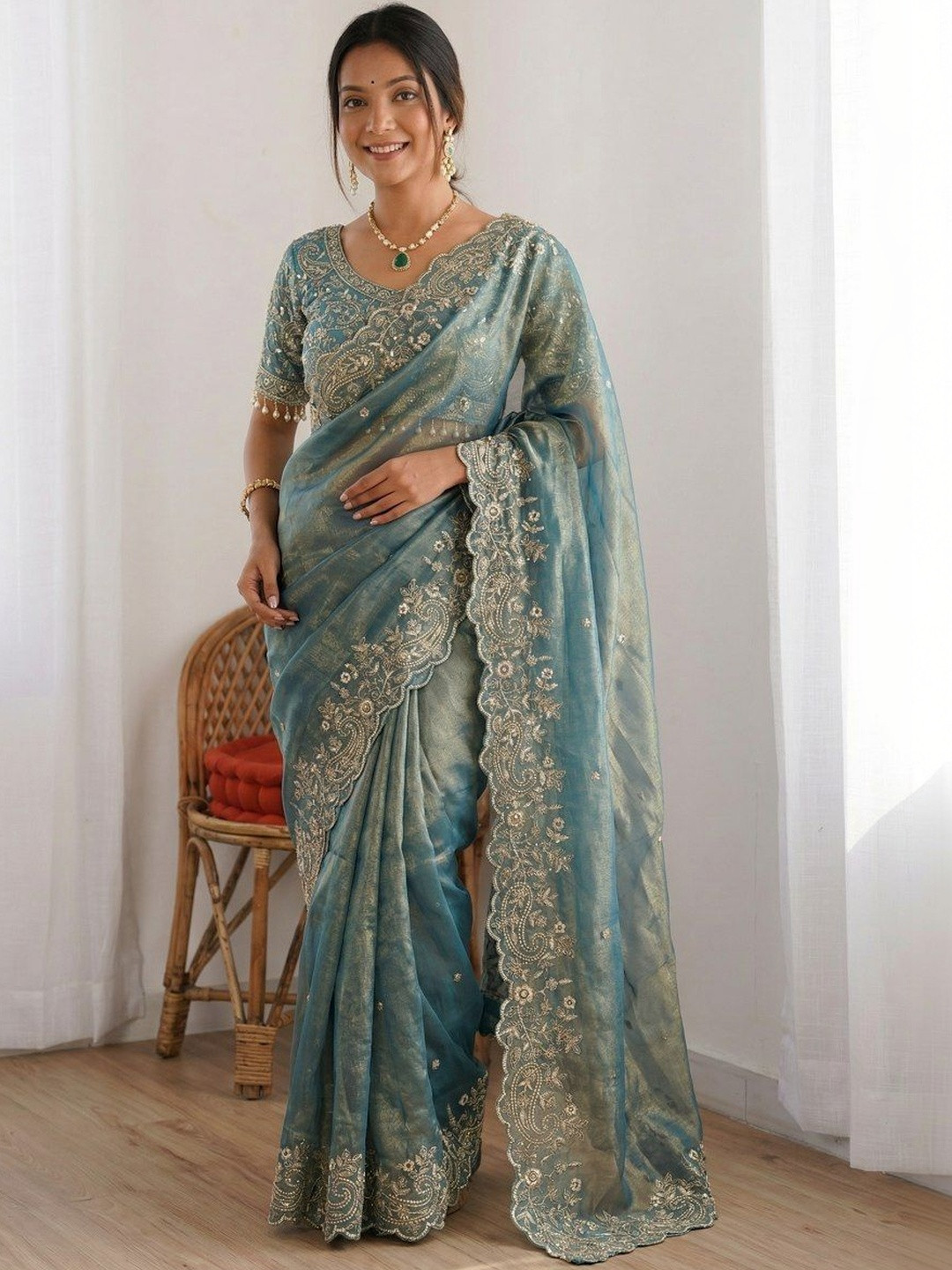 Kalista Ethnic Motifs Embroidered Satin Saree With Unstitched Blouse Piece