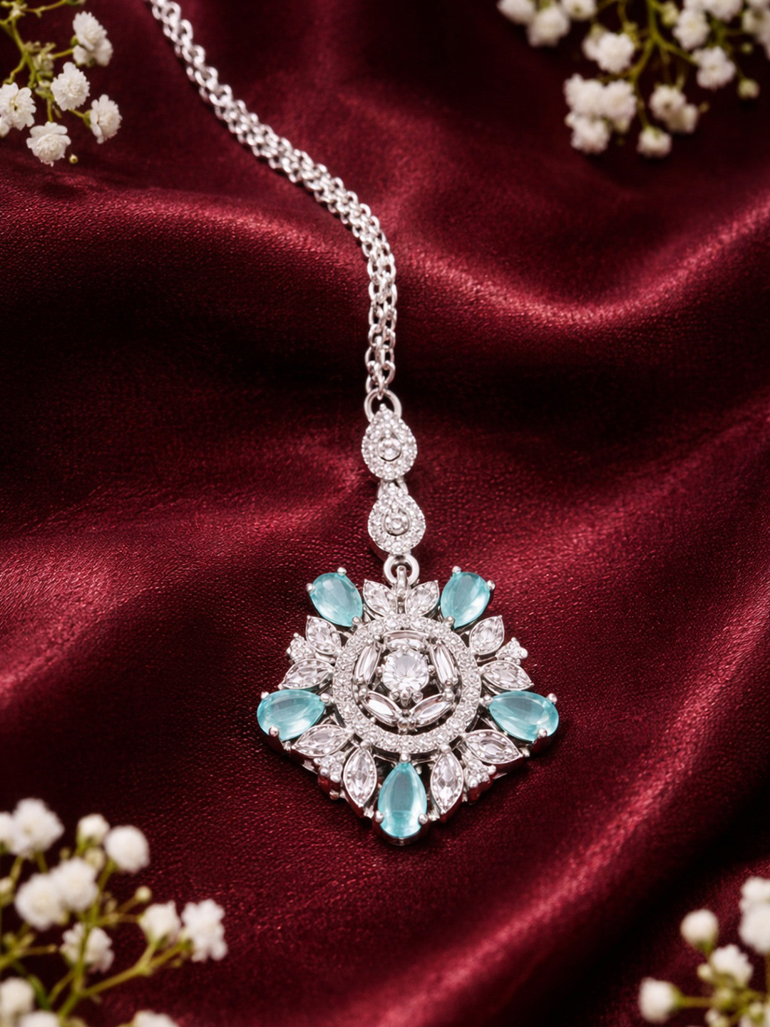 SUGARFRILL Rhodium-Plated American Diamond Studded Maang Tikka Head Jewellery