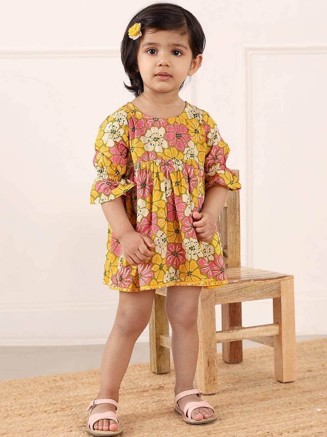 Fabindia Floral Print Bell Sleeve Fit & Flare Dress