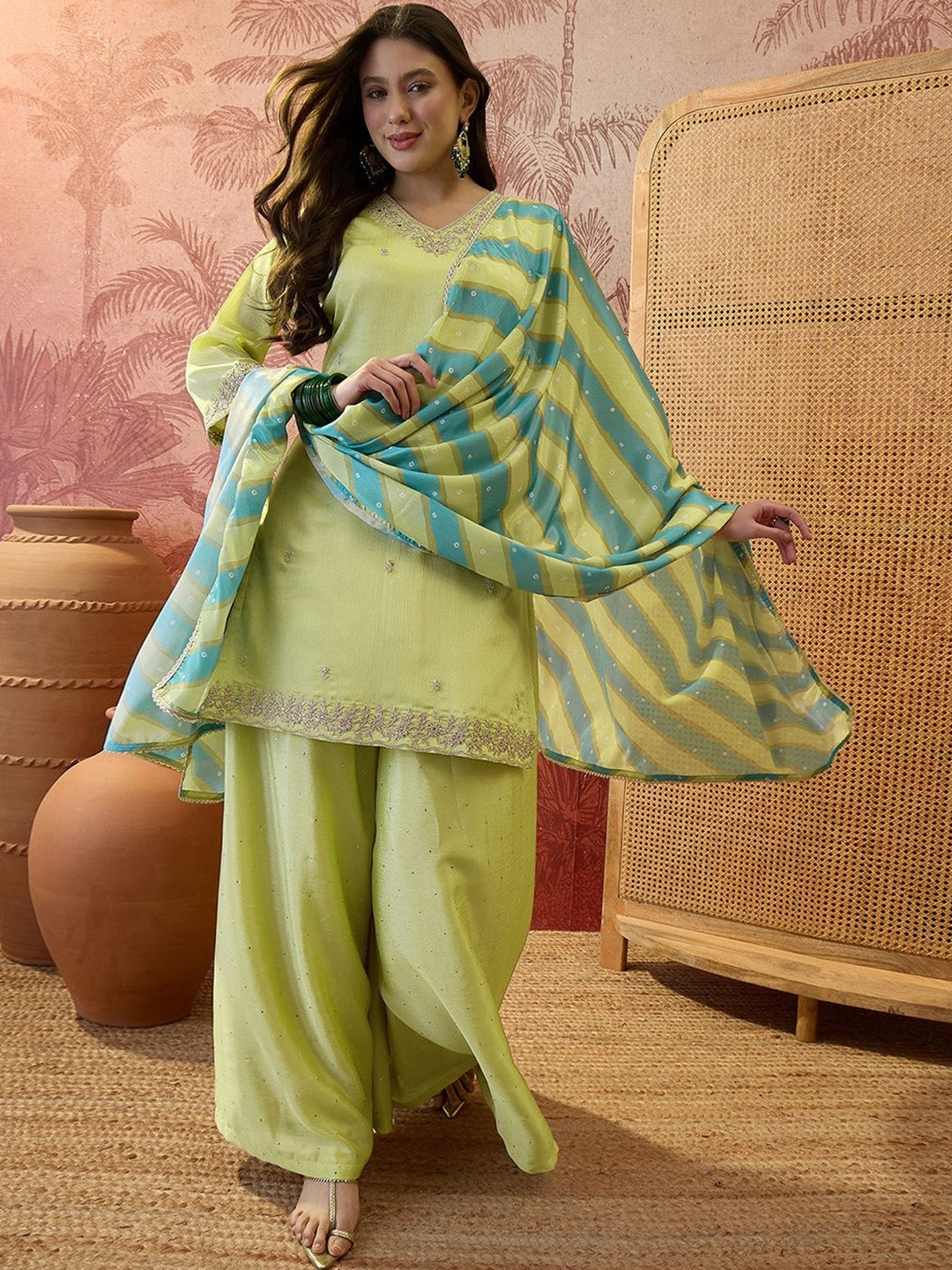 Sangria Embroidered V-Neck Kurta & Palazzos With Dupatta