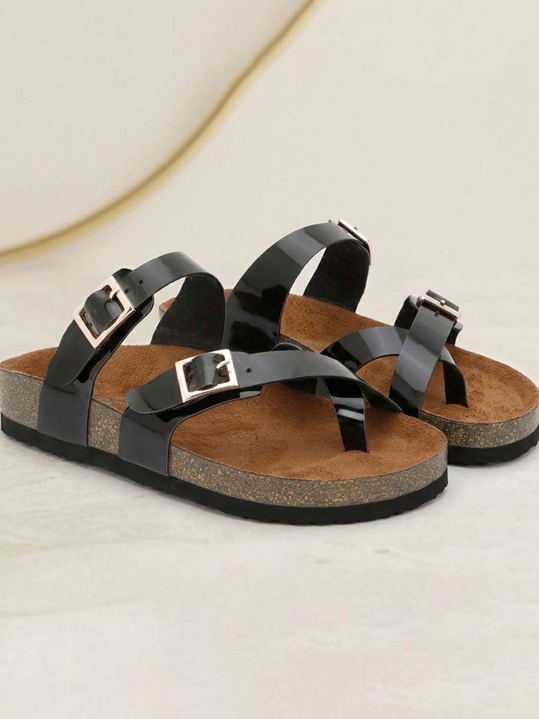 LYDC Women Black Comfort EVA Flat Sandals With Buckles