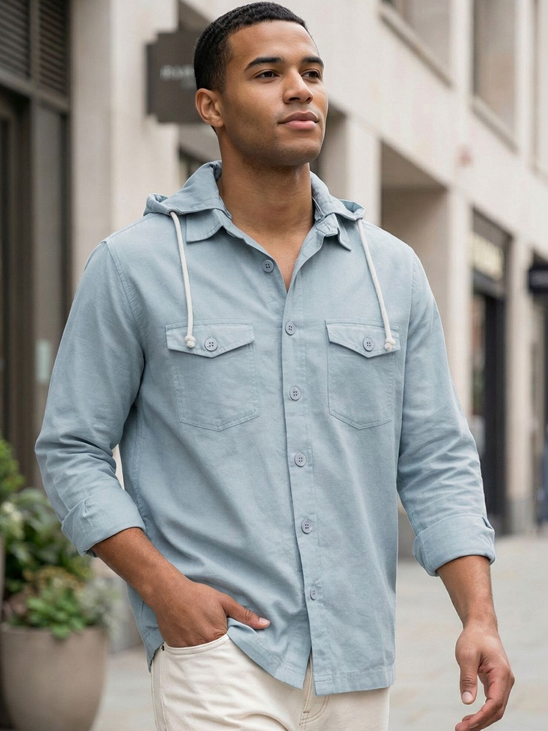Bewakoof Men's Aqua Blue Oversized Cotton Linen Detachable Hooded Shirt