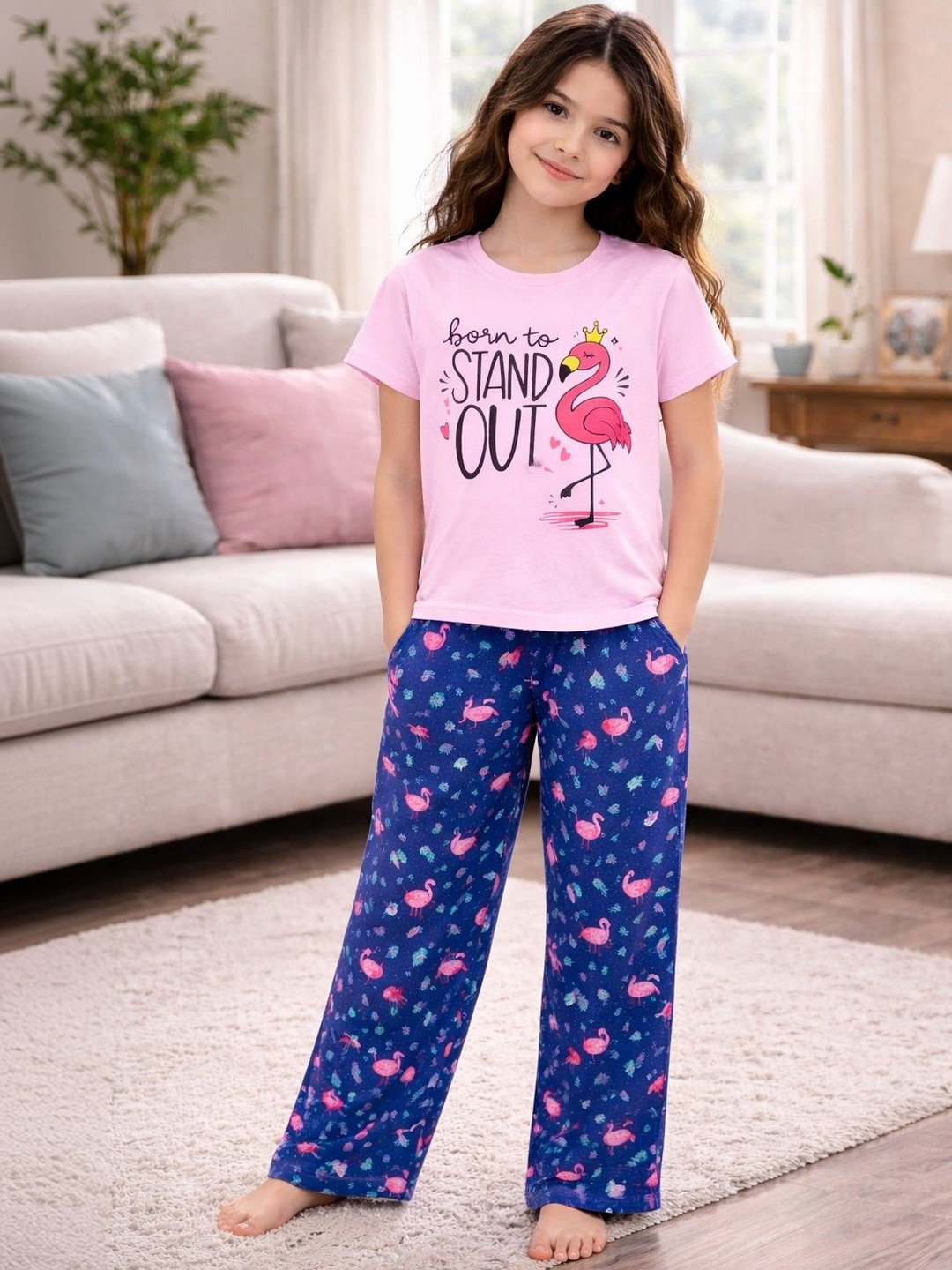 Ninos Dreams Girls Pink Printed Cotton Night suit